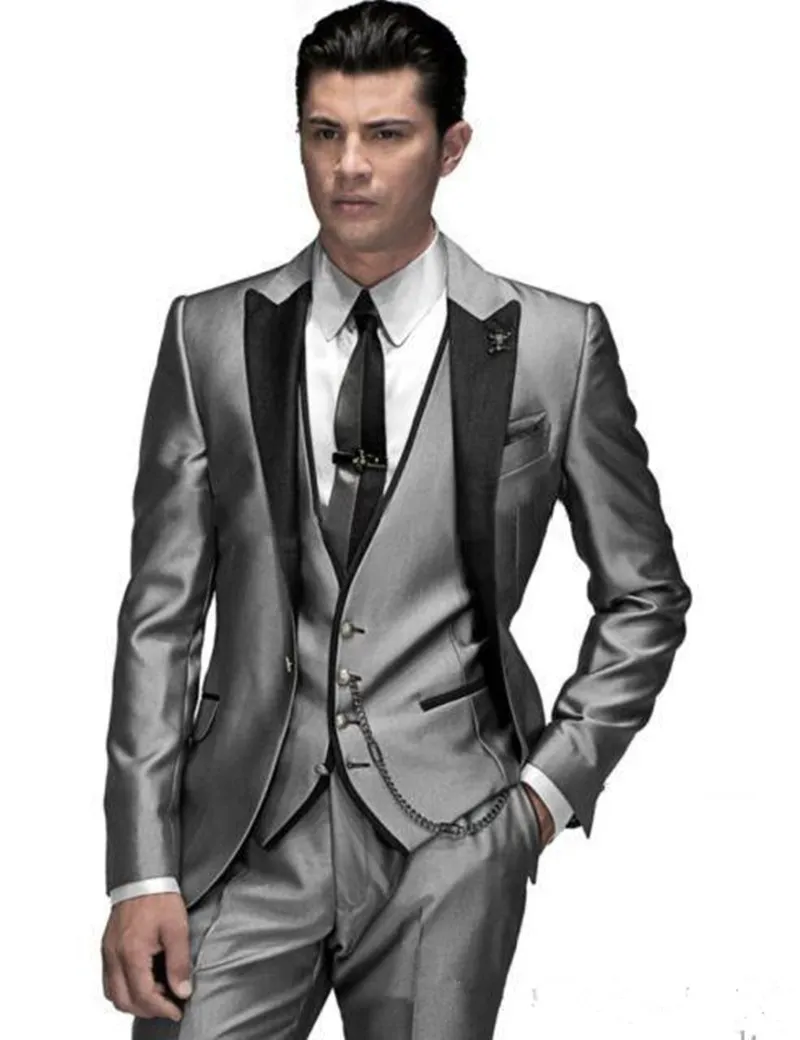 Nowy Groom Tuxedos Groomsmen One Button Silver Grey Peak Lapel Najlepszy człowiek Garnitur Męskie Męskie Garnitury Made Custom Made (Kurtka + Spodnie + Kamizelka + Krawat) 1