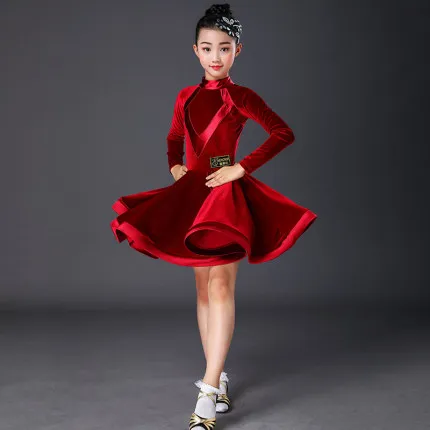 Velvet Long Sleeves Latin Dance Dress For Children Girls