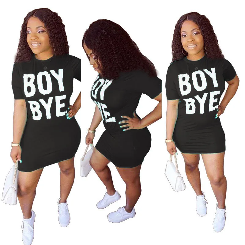 Fashion Summer Women T Shirt Dress Solid Color Boy Bye Printing Mini Dresses Sports Short Sleeve Dress Girls Party Club Wear Skirts D6906