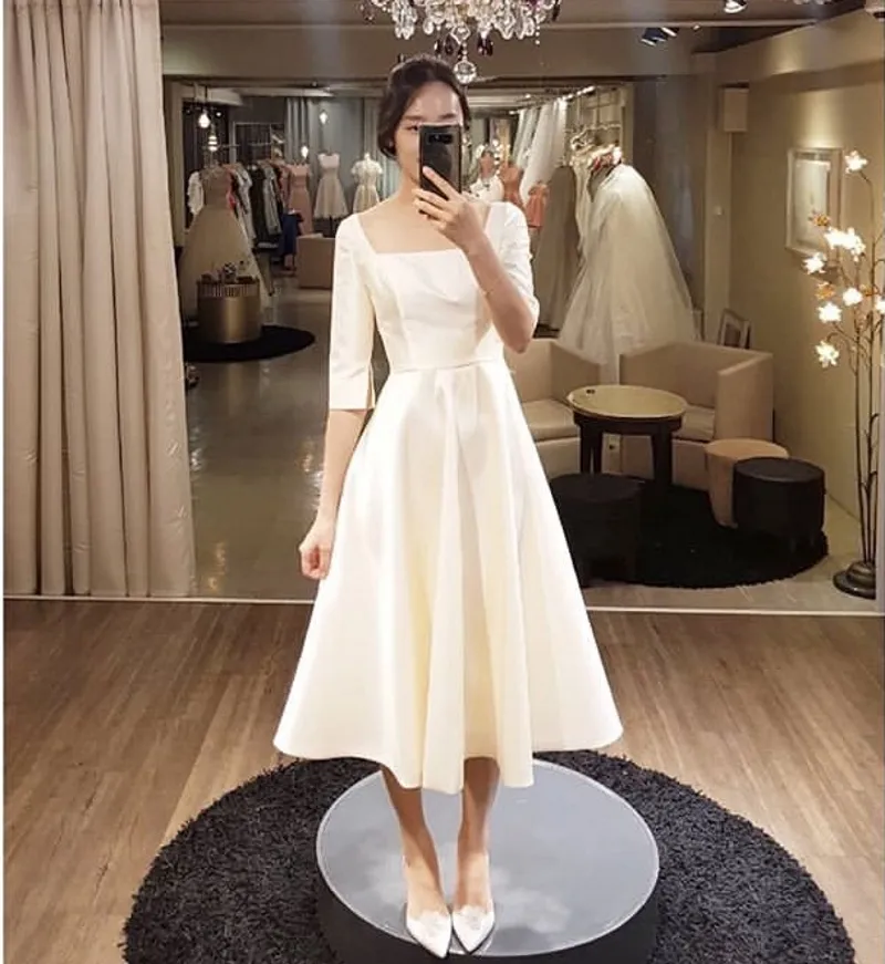 knee length dresses for ladies Sheath-Column Jewel Tea Length Satin Short Sleeve Zipper Wedding Dress CW2694, 25 Days / As Picture / US0-UK2-EUR30 main image 0