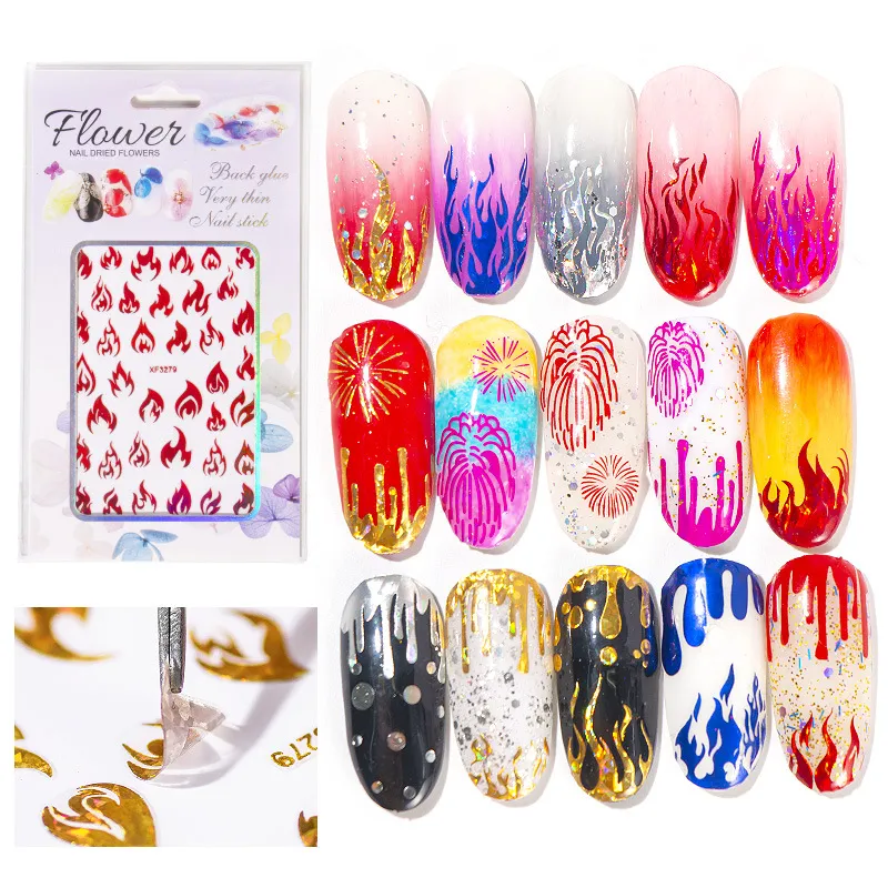 New 3D Nails Art Sticker Decorazione Oro Argento Fiamma Decalcomania rossa per unghie Manicure Fire Design Sticker per lamina posteriore Colla Trucco per unghie