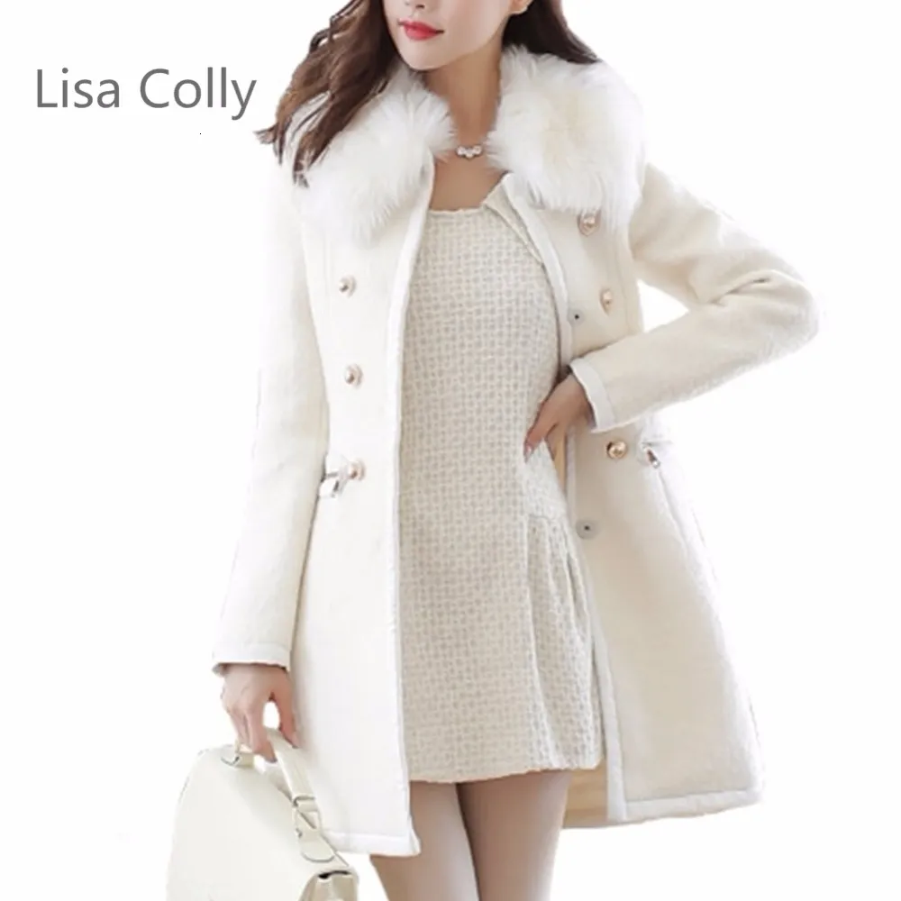 Lisa Colly 봄 가을 여성 모피 칼라 더블 브레스트 코트 outwear 고품질 여성의 흰색 검은 양모 코트 자켓 V191029