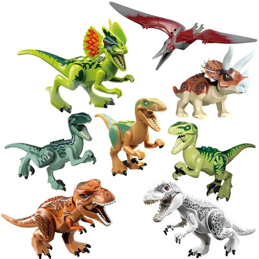 Minifiguren Jurassic Park Dinosaurier Blöcke 8 Stück viel Velociraptor Tyrannosaurus Rex Bausteine Sets Kinderspielzeug Ziegel Geschenk