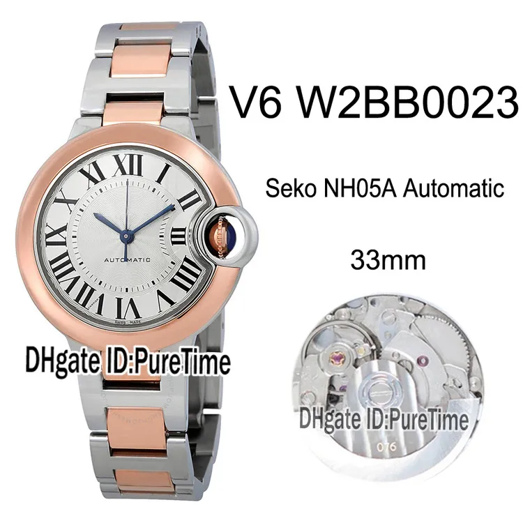 V6F W2BB0023 Seko NH05A Автоматические женские женские часы Две тона розовое золото белый текстурированный циферблат сталь браслет Лучшее издание 33 мм Новый PureTime