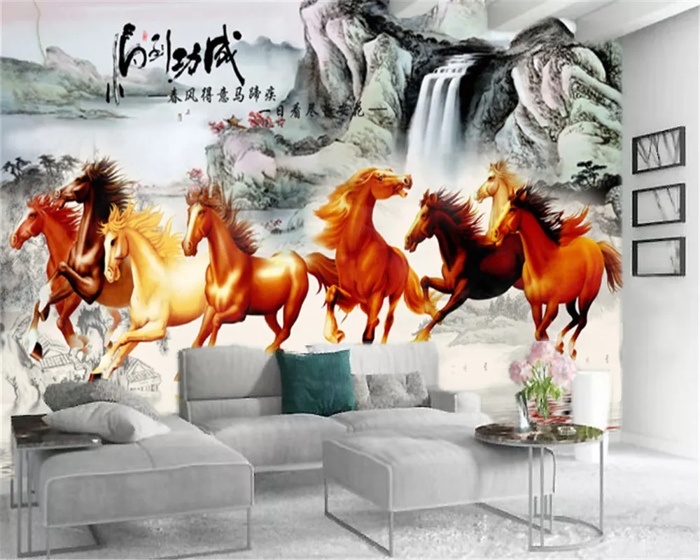 3D slaapkamer behang mooi landschap en stevige acht paard figuur digitale printing HD decoratief mooi behang