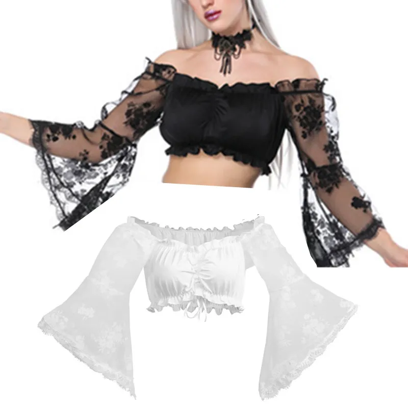 Kvinnor Crop Top Plus Storlek S-6XL Lolita Lace Mesh Rose Floral Half Flare Sleeves Kostym Kort Korsett Topp Blusskjorta Scoop Neck Black White