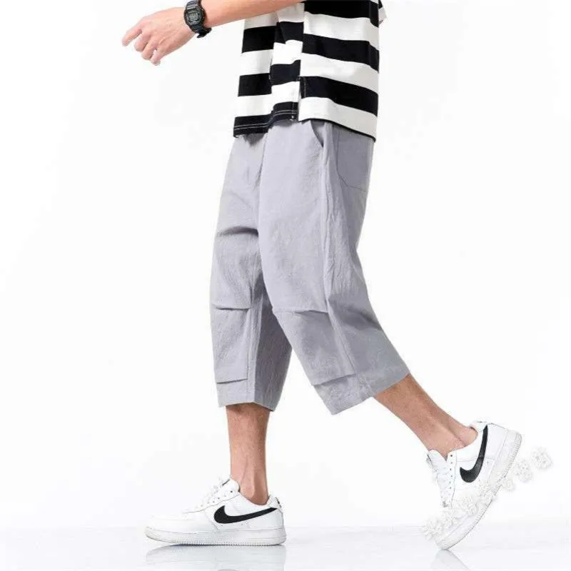 2020 sommar män kalvlängd lösa byxor japanska manliga bomullslinne streetwear joggers hip hop byxor plus storlek m-8xl