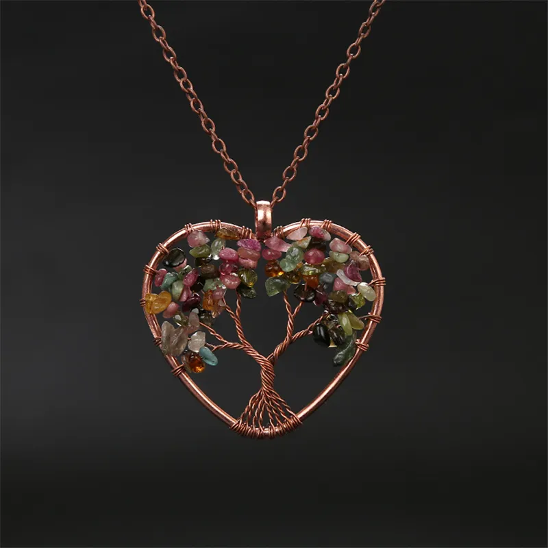 Tree of Life Heart Netclace Necklace Fashion Crushed Crystal Natural Stones حبات الأحجار الكريمة مع سلسلة صناديق الصنع يدويًا 7 شقرا ريكي الشفاء المجوهرات