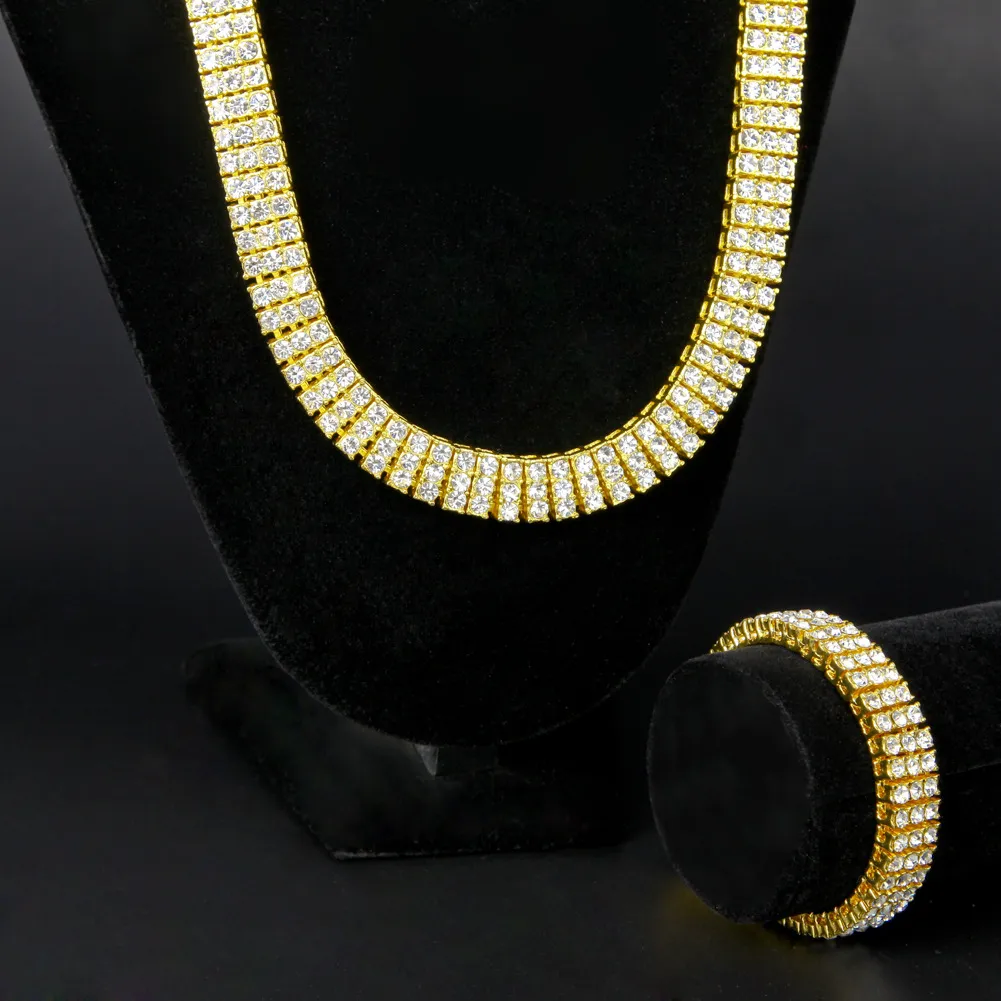 Högkvalitativ mäns guldpläterad hip-hop is ut 30 3 rad simulerade diamant bling blingchain armband mens smycken K35256H
