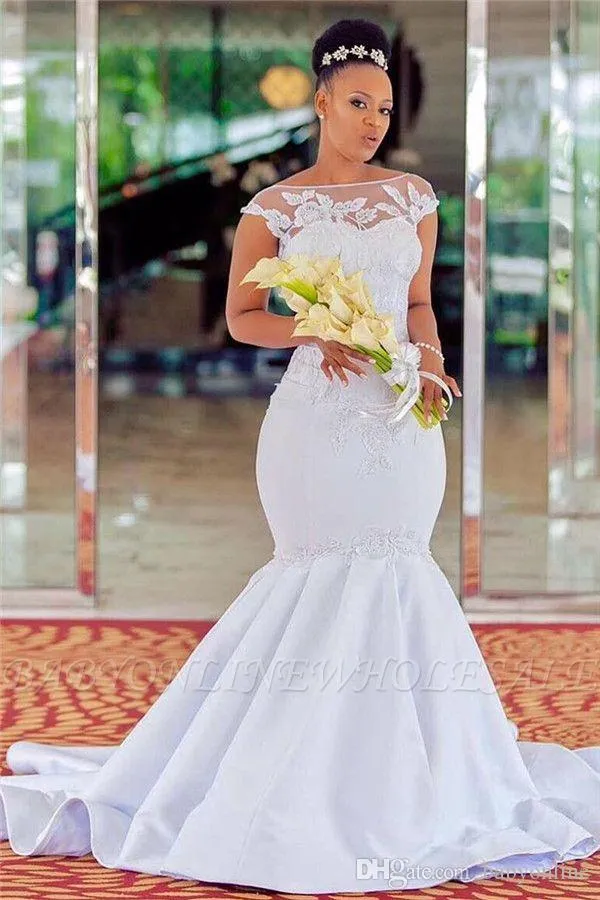 Elegant White Sheer Neck Cap Sleeve Wedding Dresses Mermaid Lace Appliqued Trumpet Long Bridal Gowns Arabic African New Vestidos De Soiree From 124 56 DHgate