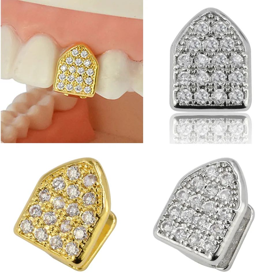 Denti oro 18K del rame placcato Bretelle Punk Hip Hop Denti diamante singolo Grillz Dental bocca Fang falso Griglie Tooth Cap Cosplay Rapper Gioielli