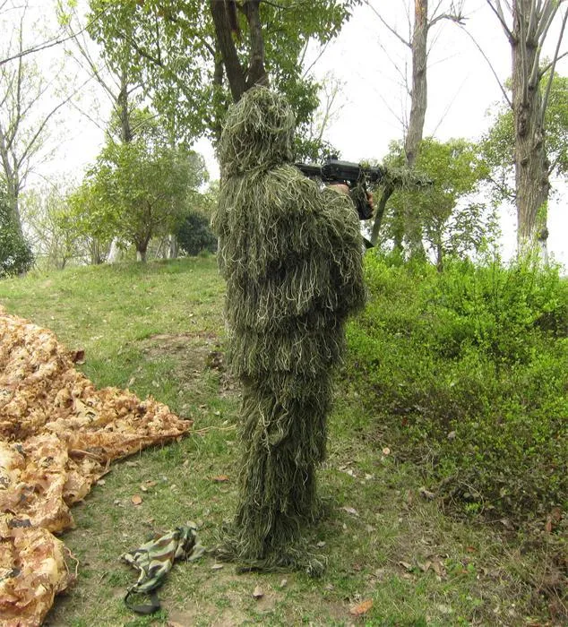 3D 시든 잔디 Ghillie 정장 4 PC 스나이퍼 전술 위장 의류 사냥 정장 육군 헌팅 옷 들새 잡기