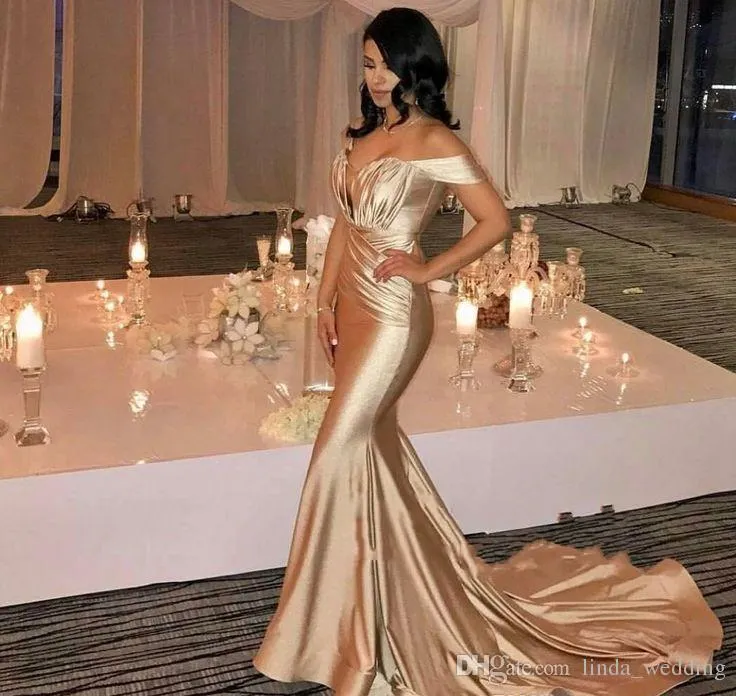 sachin and babi light blue dress Champagne Satin Off-Shoulder Gold Mermaid Prom Dress with Sweep Train