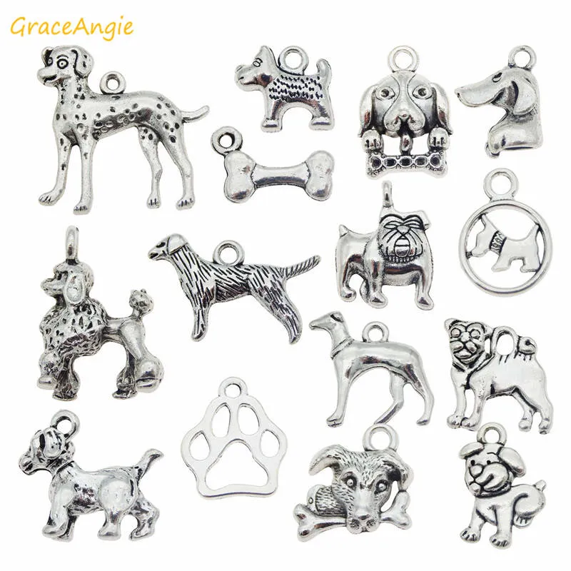 Graceangie 15PCS /ロット混合子犬犬の魅力の宝石類の作るネックレスペンダントブレスレットの魅力の宝石類の調査結果DIYアクセサリー