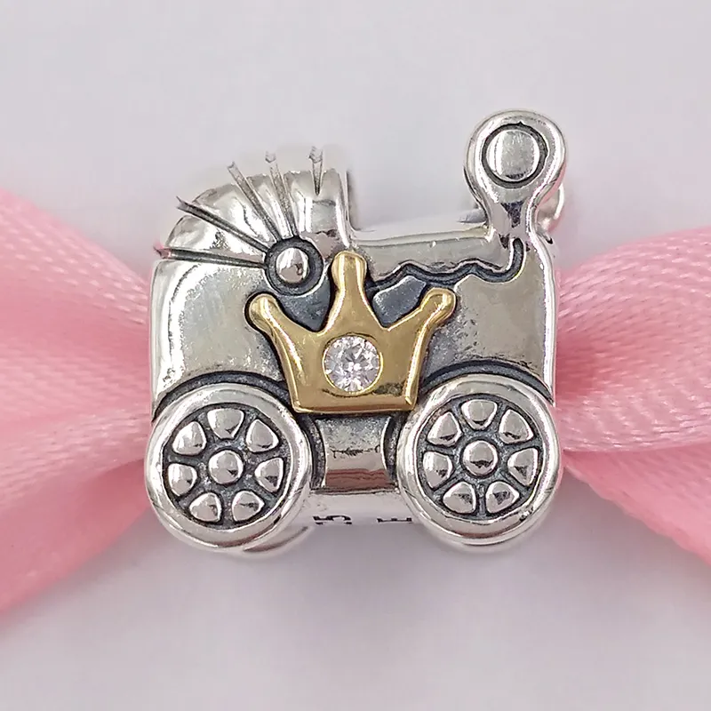 Andy Jewel Authentic 925 srebrne koraliki pandora 14ct złoty powóz dziecięcy cz urok urok pasuje do europejskiego pandora w stylu biżuterii Bracety n