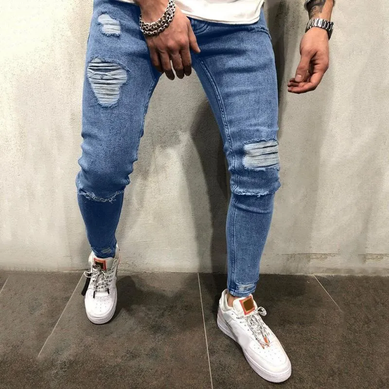 Jean déchiré pour hommes, pantalon de motard élégant, Slim, droit, effiloché, en Denim, nouvelle mode