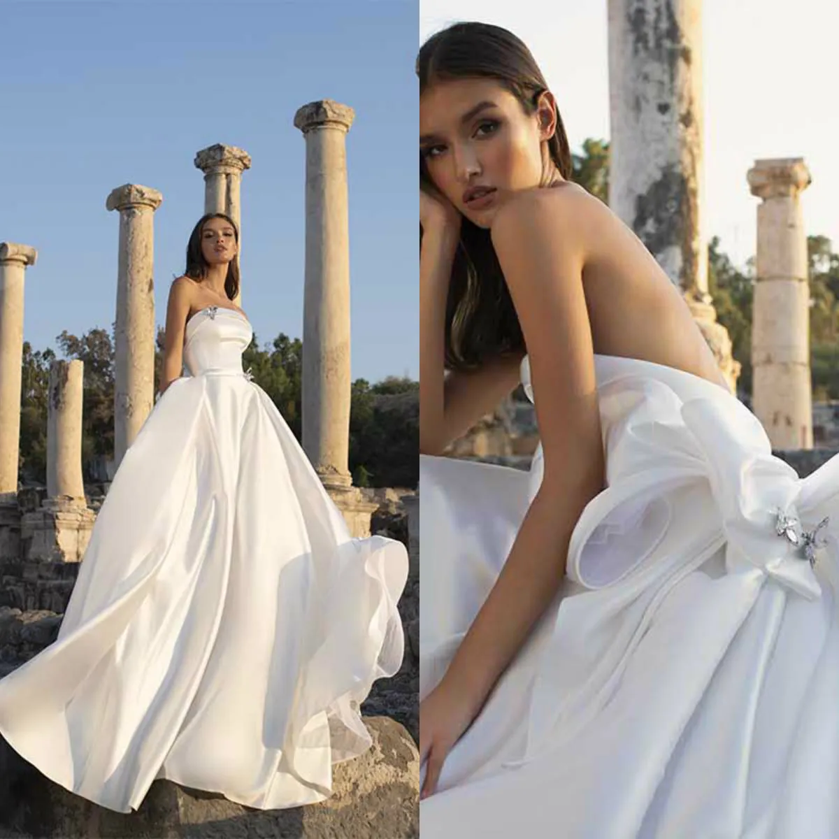 2020 A Line Wedding Dress Sleeveless Strapless Crystal Bow Satin Backless Wedding Dresses Sweep Train Boho Bridal Gowns