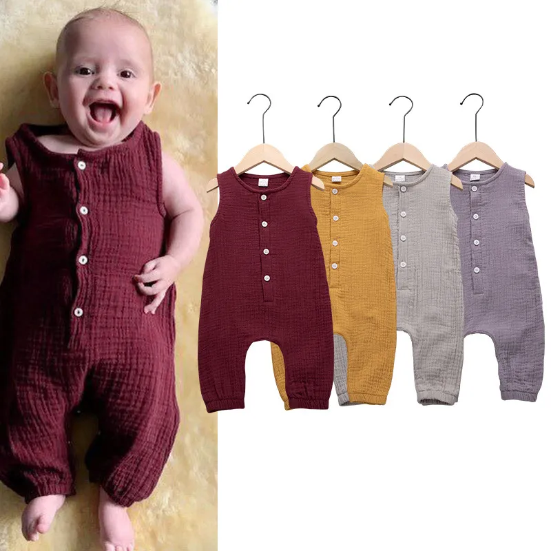 Neonate maschi senza maniche Pagliaccetto tinta unita Neonato Tute di lino in cotone 2019 Boutique di moda estiva per bambini Abiti da arrampicata C6331