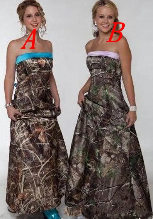 2020Camo Abiti da damigella d'onore senza spalline Una linea di lunghezza del pavimento Long Beach Garden Country Prom Party Abiti da sposa per ospiti economici