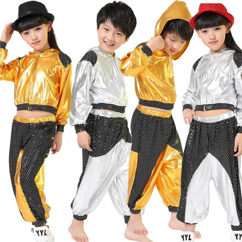 Girls Boys Gold Silver Ballroom Jazz Hip Hop Dance Compant Costume Kid Одежда для одежды Одежда Hoodie Рубашка Топ Брюки Танцы Носить