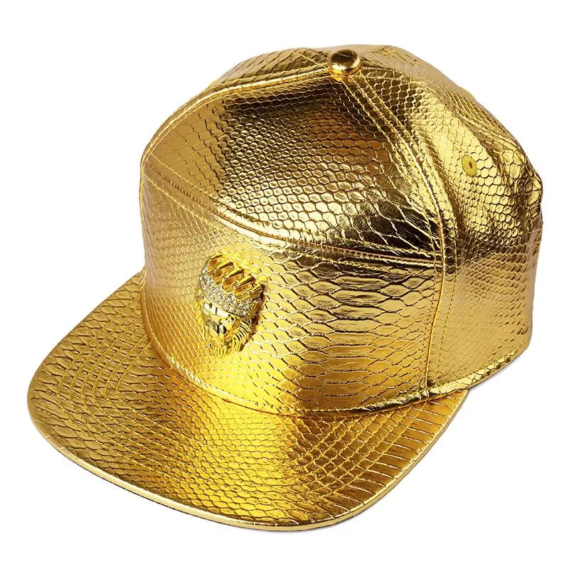 Fashion-New Luxury Mens Hip Hop Golden Rhinestone Lion Head Logo Baseball Caps PU Leather Casual Unisex sun Hats Gold/Black Snapback