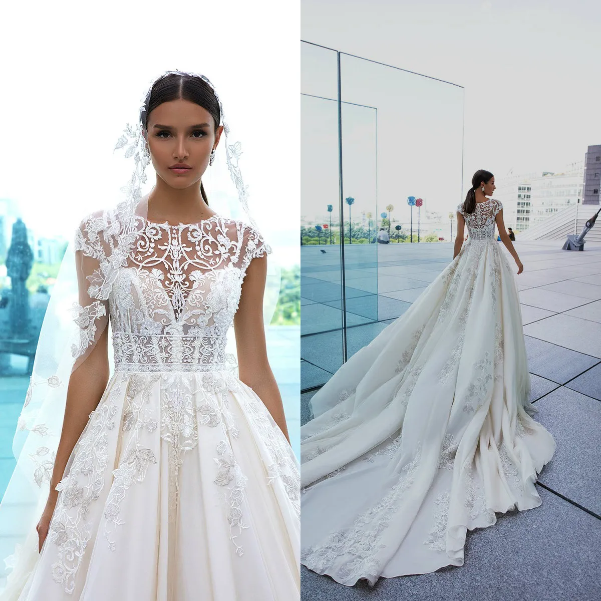 2020 Floral Bridal Jurken Jewel Mouwloze Geappliceerd Kant Trouwjurk Tulle Court Train Custom Made Vestidos de Novia