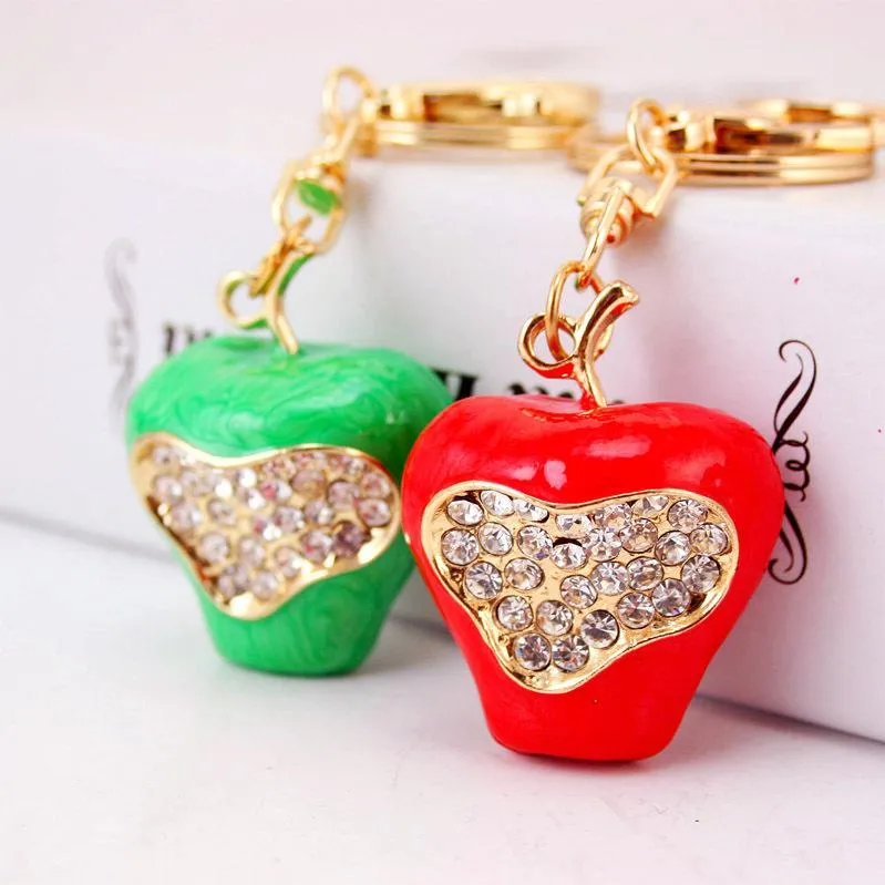 Rhinestone Key Ring Red Green Enamel Apple 3D Fruit Jewelry Keychain Women Key Holder Chain Ring Car Bag Pendant