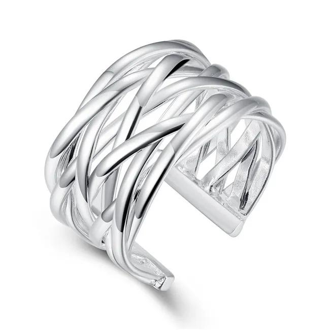 EPACKET DHL Plated Sterling Silver flätad retikulera ring DHSR22 US-storlek öppen justerbar; Unisex 925 Silver Plate Band Ringar Smycken