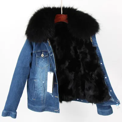 Sneeuwjassen Zwarte Wasbeer Bont Trim Koudstandige Vrouwen Zwarte Vos Bont Voering Mini Dark Blue Denim Parkas