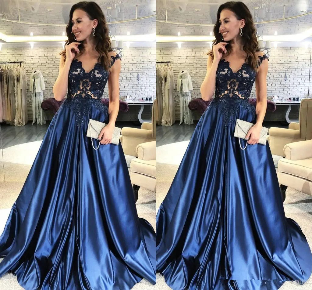 Navy Blue Prom Dress 2019 Capped Sleeves Satin Skirt Long Evening Party Gowns Appliques Beaded Button Back Vestidos De Festa