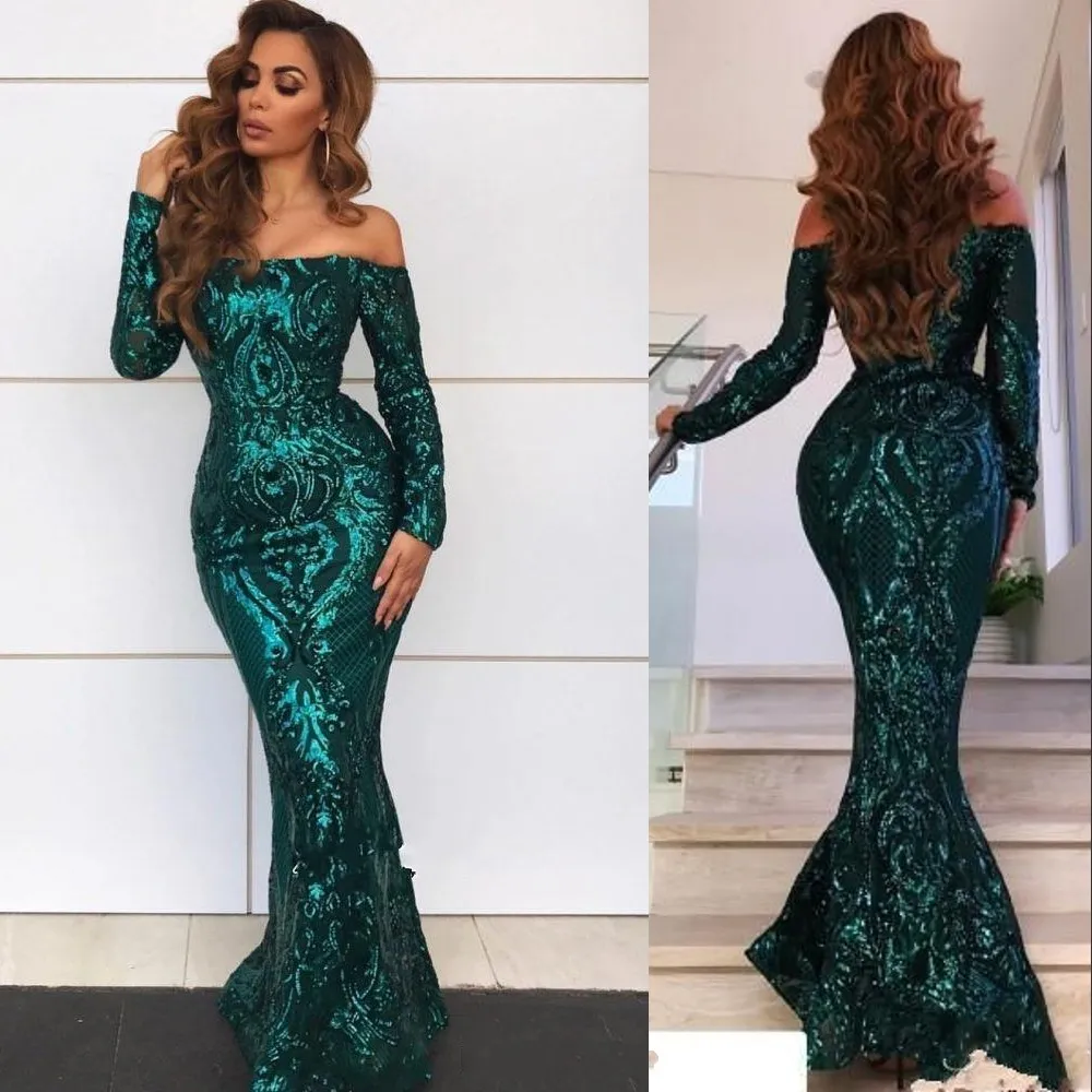 New Sexy Emerald Green Gold Prom Dresses Sequined Lace Appliques Off Shoulder Long Sleeves Mermaid Floor Length Sequins Evening Party Gowns