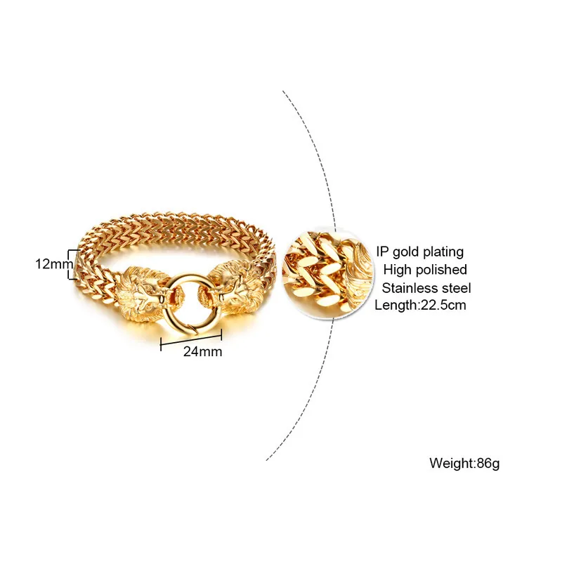 Bracelet Femme Tête De Lion Métal Doré | Bijou Mode Chaîne Noir Et Or