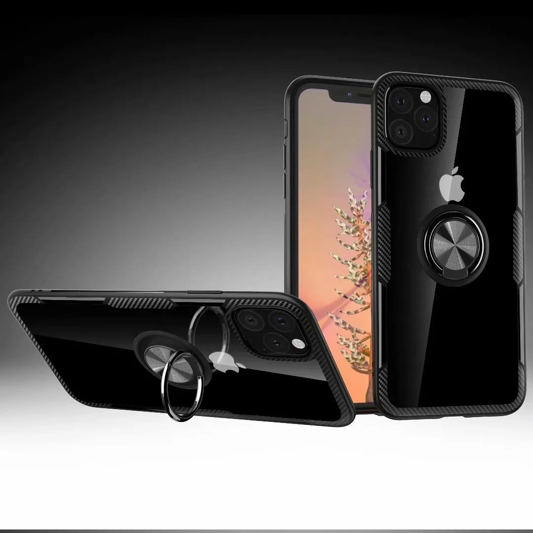 Slim Transparent Clear Hard Cover Ring Kickstand Case för iPhone 11 Pro Max 12 Mini XS Max XR X 8 7 6 Plus