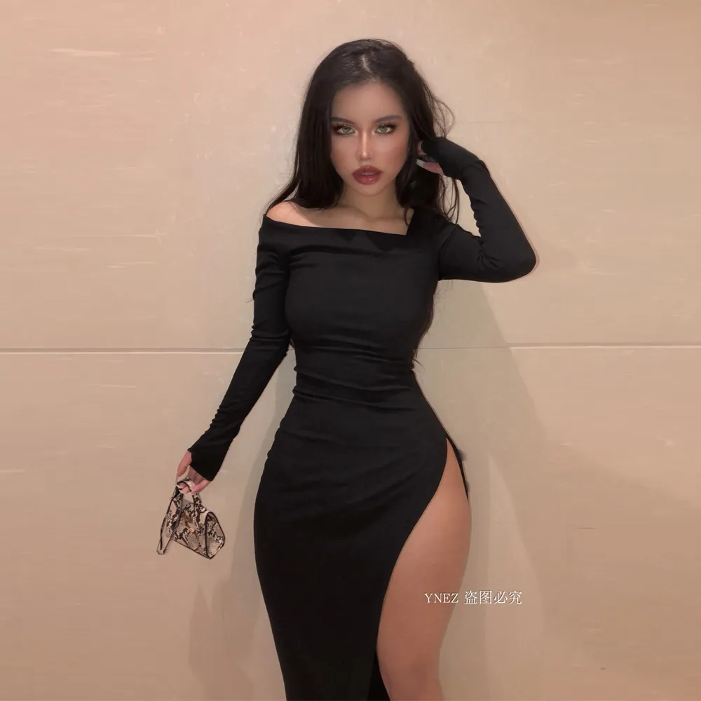 Kadınlar Slash Boyun Uzun Kollu Maxi Elbise 2019 Kış Tarafı Bölünmüş Bodycon Robe Seksi Doğum Günü Partisi Gece Sevimli Elbiseler