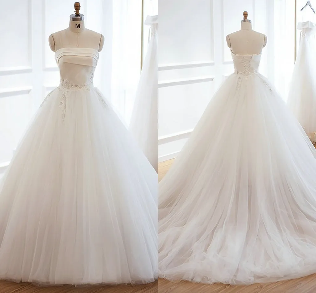 Broderad vit bollklänning Bröllopsklänningar Strapless Lace-up Platser Satin Tulle Bohemian Wedding Dress Plus Size Bridal Gowns Country