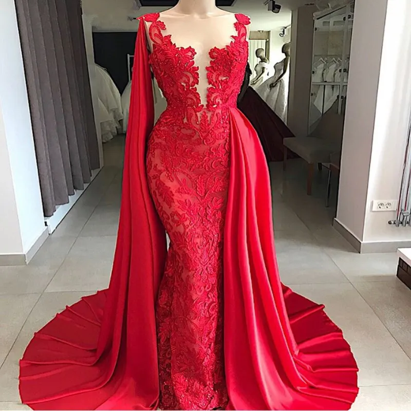 Saudi Arabic Red Mermaid Lace Dubai Evening Dress 2019 Elegant