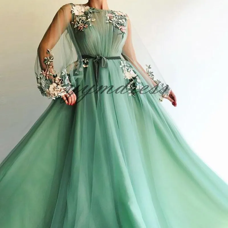 Hunter Flowers Prom Dresses 2019 Jewel Neck Lace Applique With Sash ...