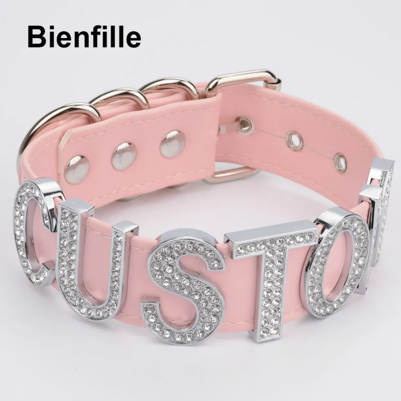 Fait à la main en argent cristal mots collier femmes personnalisé choisir grandes lettres tour de cou rose Punk gothique en cuir PU collier tour de cou