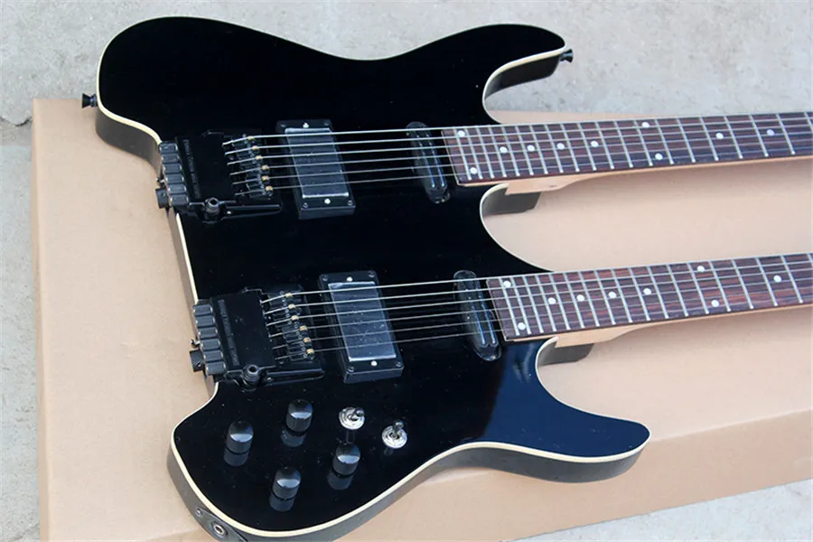 ダブルネックヘッドレスエレクトリックギターブラックマホガニーボディ