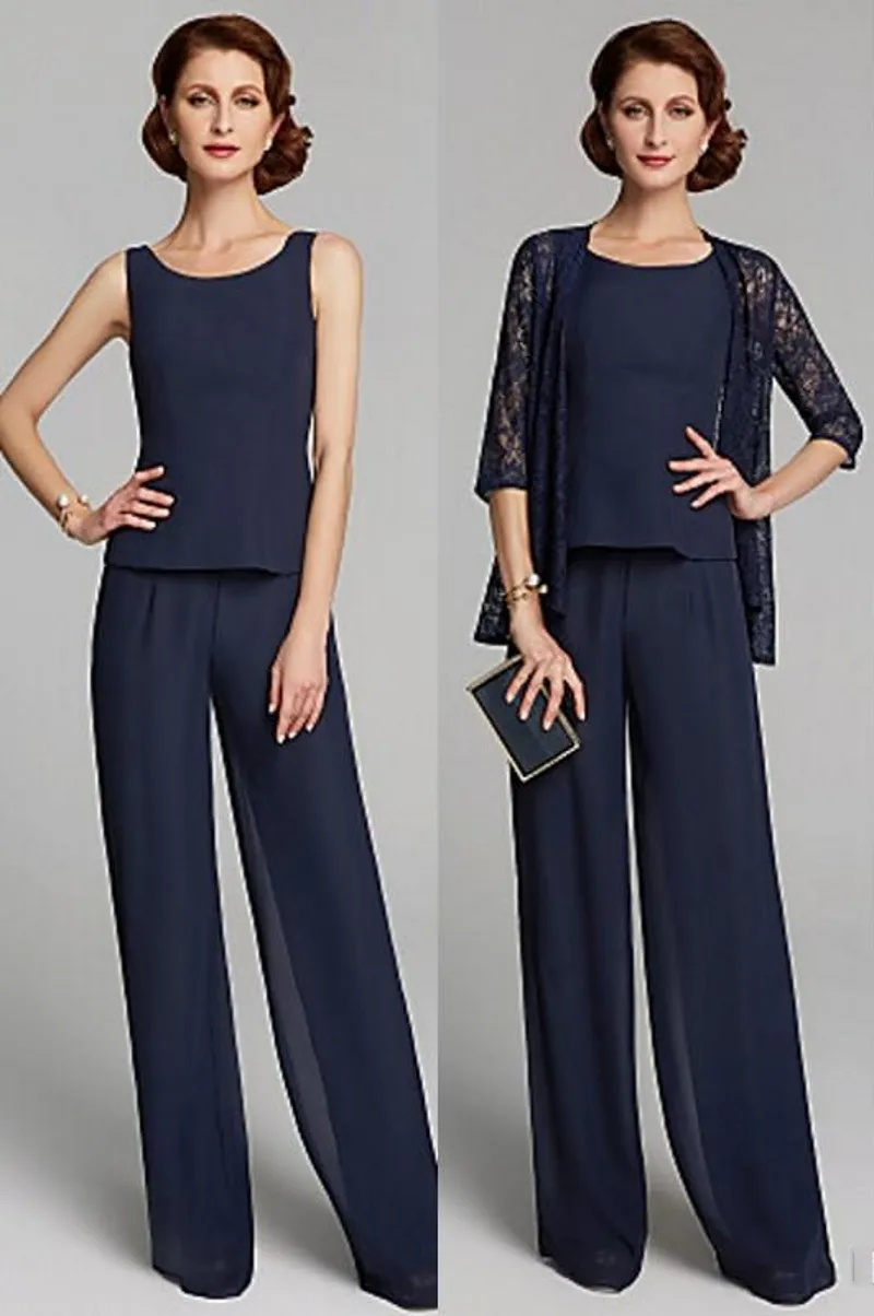 Summer Two Piece Mother Of The Bride Suits Dresses Plus Size Jewel Neck Floor Length Chiffon Lace Pants Suits Party Gowns