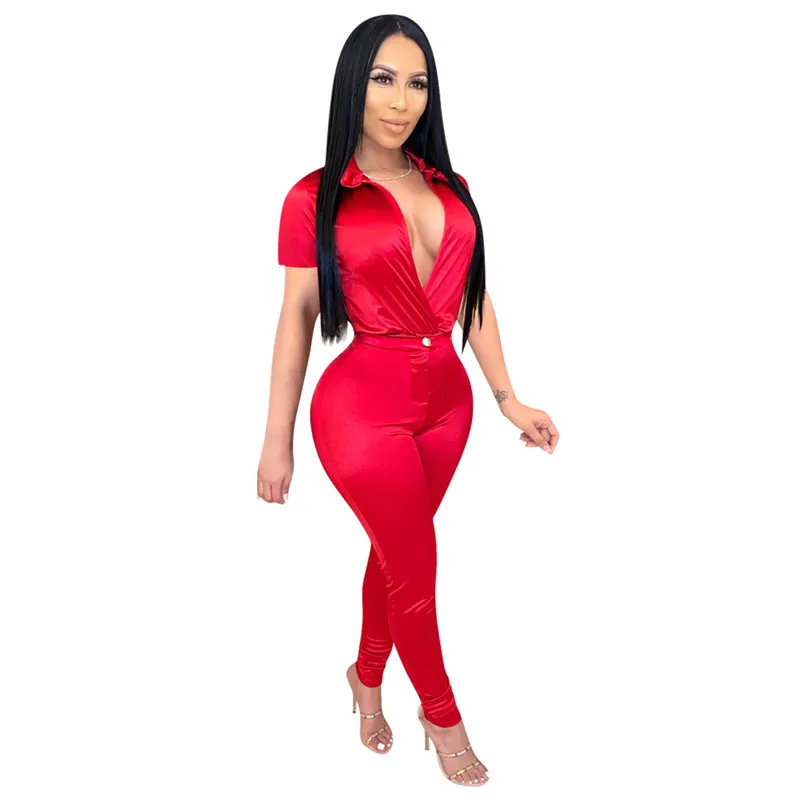 Vestido de duas peças Sexy cetim conjunto feminino Camisa de roupas de verão Top e calça terno de escritório