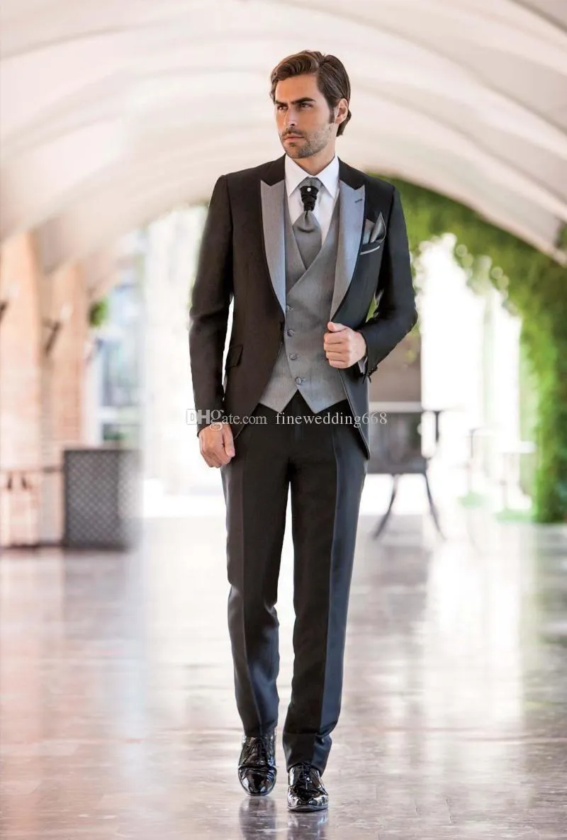 Najnowszy przycisk One Button Groomsmen Peak Lapel Wedding Groom Tuxedos Men Garnitury Ślub / Prom / Kolacja Best Man Blazer (Kurtka + Kamizelka + Kamizelka + Spodnie) 616