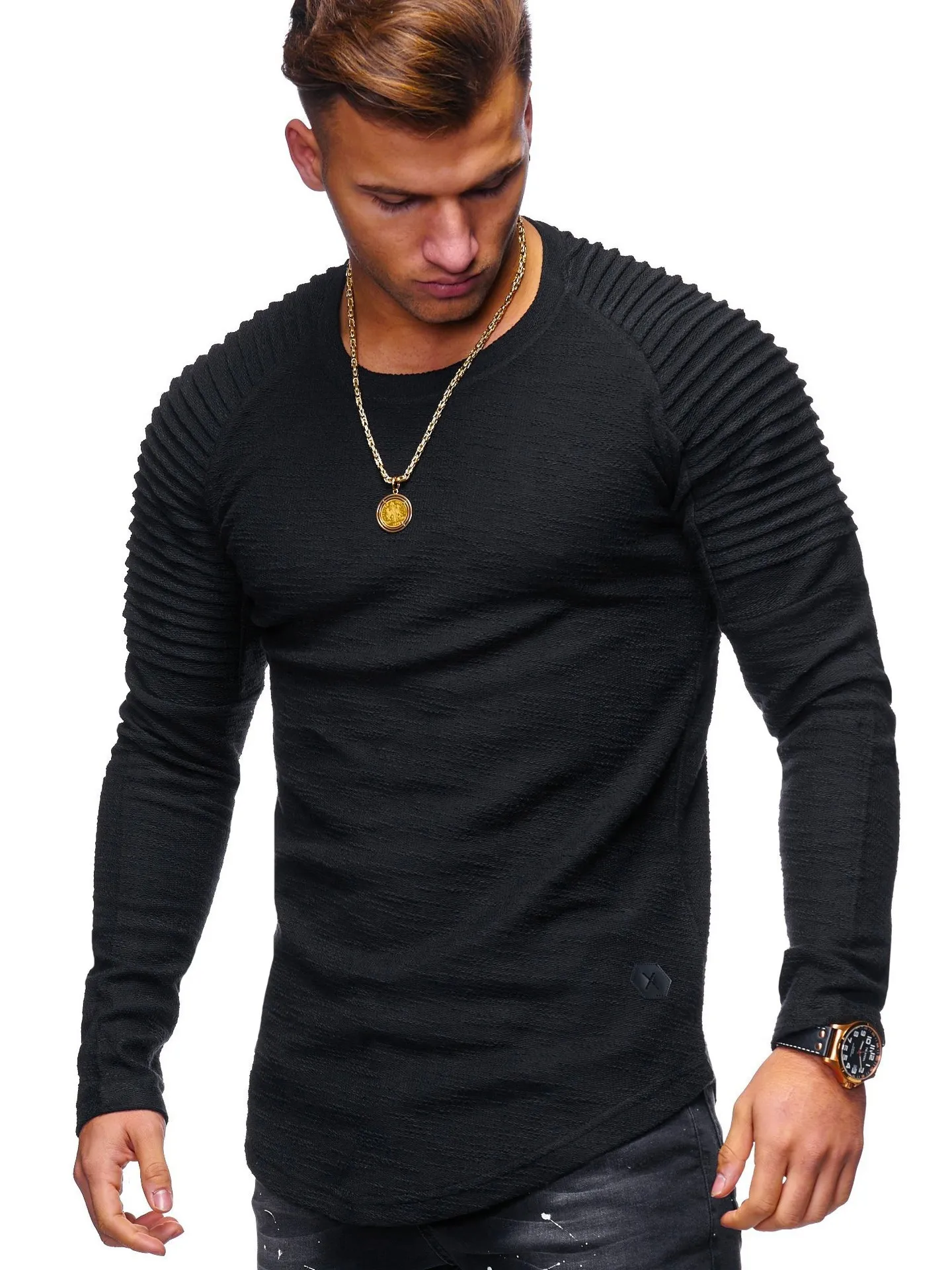 high quality Fashion Men's Round Neck Slim Solid Color Long-sleeved T-shirt Striped Fold Raglan Sleeve Style T shirt Men Tops Tees