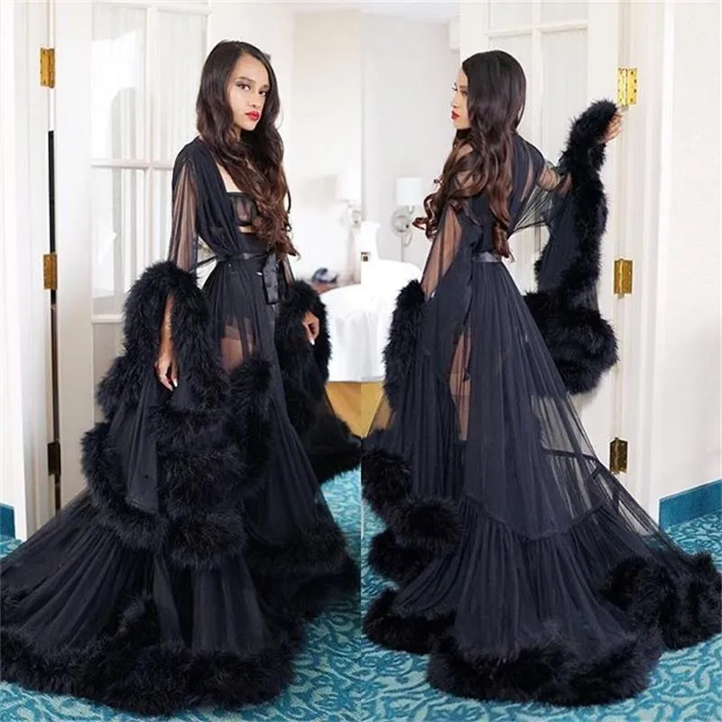 Luxury Fur Black Womens Sleepwear Nightgown Wedding Prom Party Bathrobes Pyjams Robes Luxury Bride Sleepwear Bath Robes Women Pajama