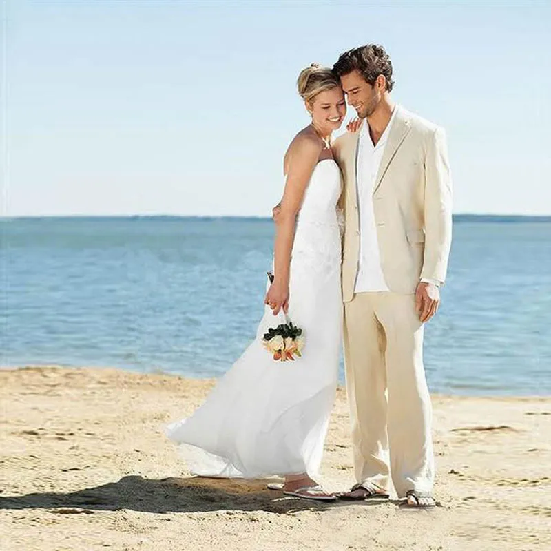 Summer Beach Beige Linen Men Suits For Wedding Suits Groom Wear