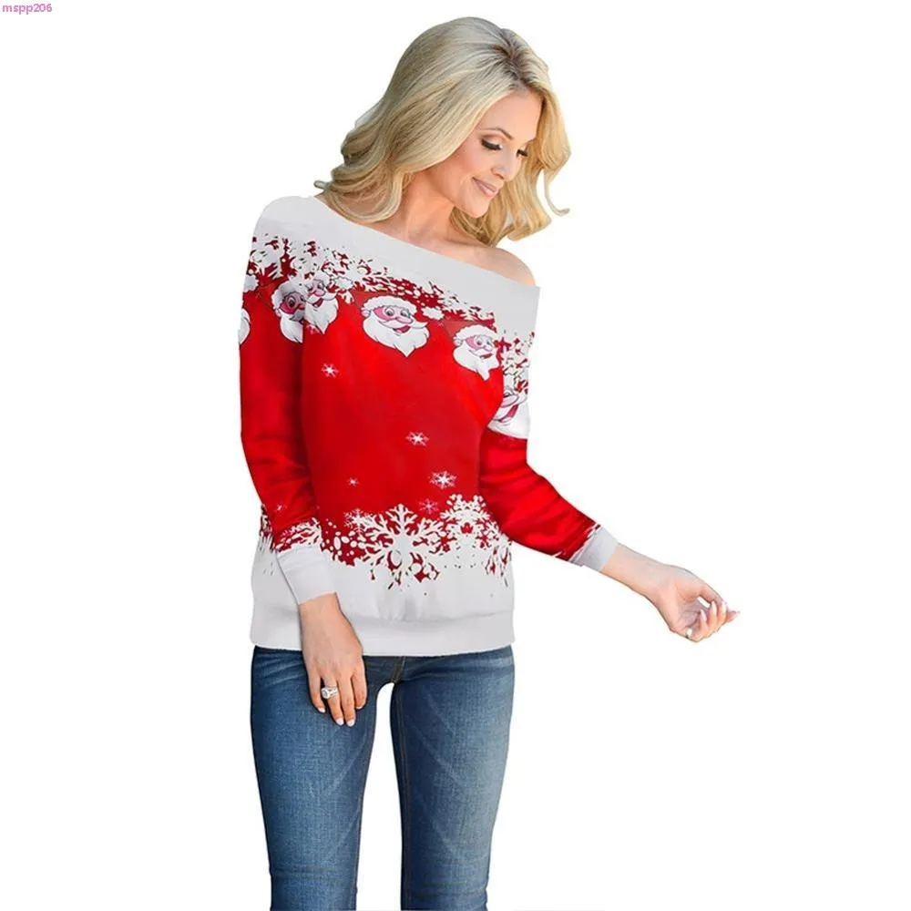 Kvinnor Casual Ugly Sweater Jultröja Santa Claus Tryckt Loose Sexig Snowflake Pullover Höst Vinter Julklapp