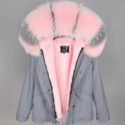 Sweat à capuche bordé de fourrure de renard gris rose Femme manteaux en duvet Maomaokong marque fourrure de lapin rose doublée mini parka grise