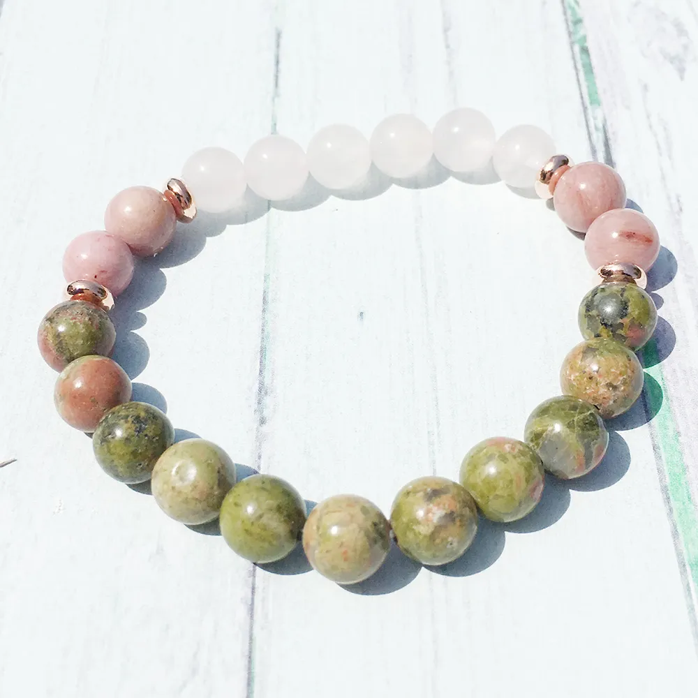 MG0361 8 mm Unakite dames yoga armband natuurlijke rhodoniet kralen pols mala armband energie roze kwarts sieraden250d