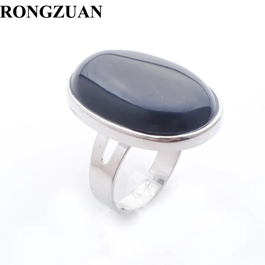 RONGZUAN Beautiful Women Gemstone Rings Jewelry Natural Stone Black Agate Oval Bead Silver Color Adjustable Finger Ring DX3083