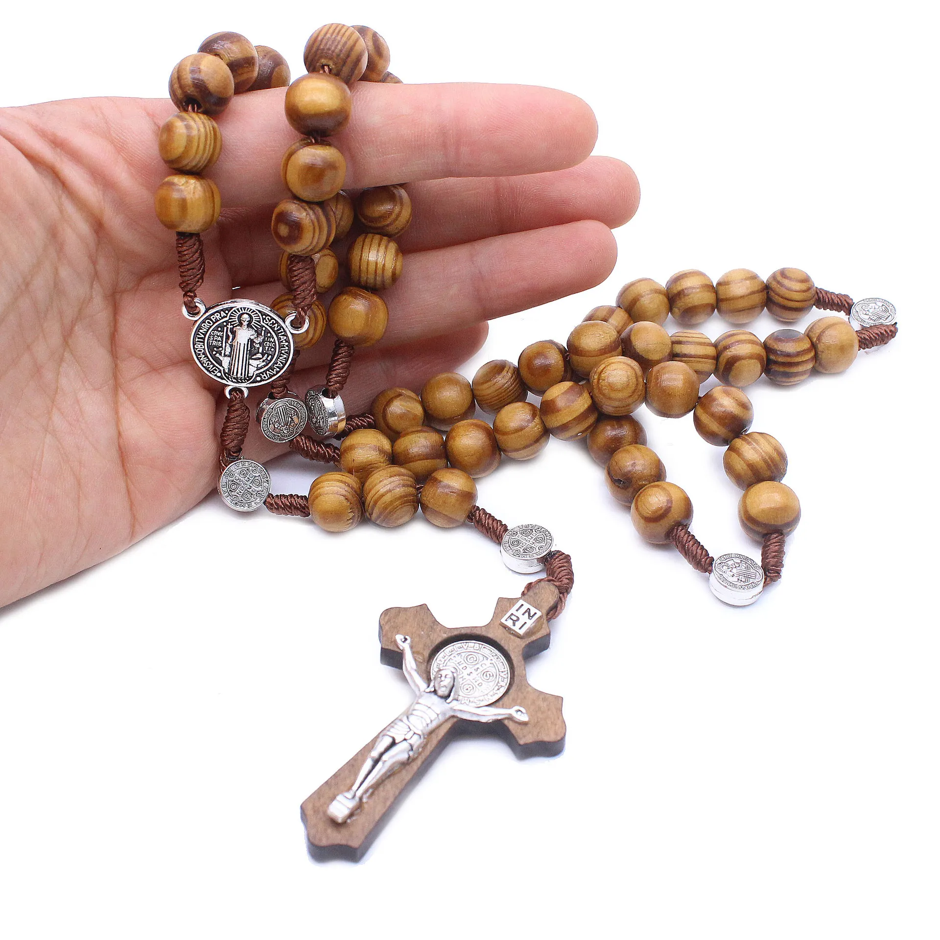 New Fashion handmade rodada Bead Católica Rosário Cruz religiosa marrom Madeira Beads Mens Rosário Colar Deus te abençoe